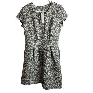 Eliza J Dress 8P Zipper Front Leopard Knit Jacquard Fit Flare Metallic Ivory New